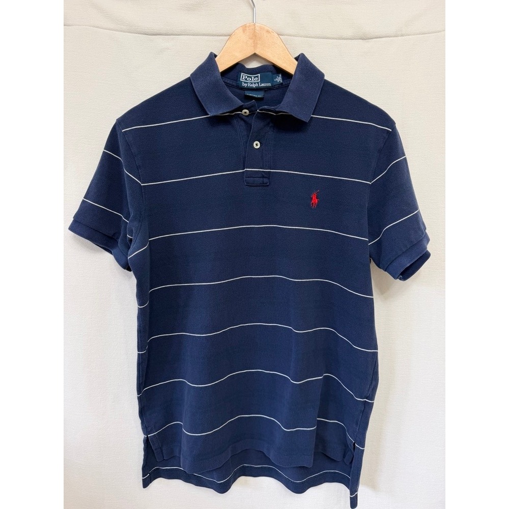 Polo Ralph Lauren Custom Fit Striped Polo Shirt Navy Blue Red Pony Large